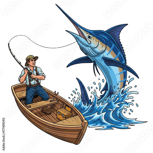 A fisherman standing firmly on a wooden boat reeling in a majestic blue marlin