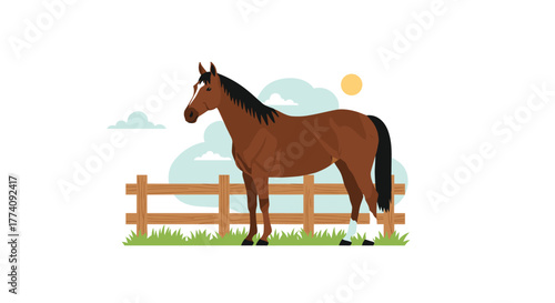 Majestic brown horse stands proudly in a sunny pasture beside a rustic wooden fence, embodying freedom and nature's beauty