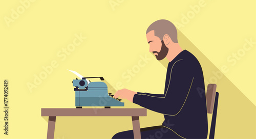 Focused man diligently typing on vintage typewriter creating new story in bright minimalist studio