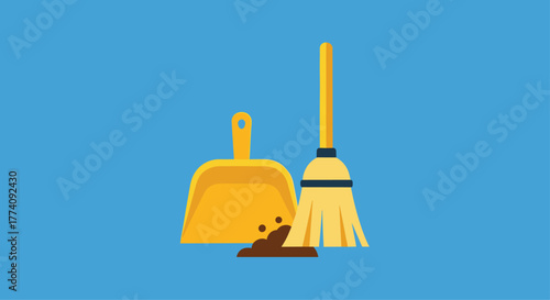 Bright yellow dustpan and broom clean up dirt creating a tidy, fresh environment