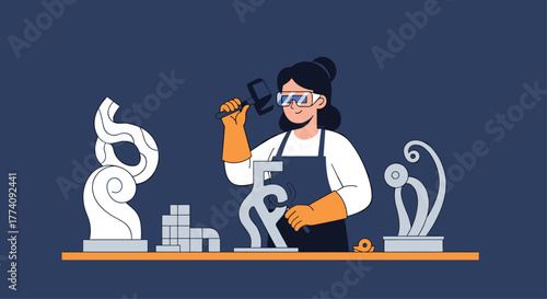 Dedicated artist meticulously crafting abstract sculptures with tools in a modern studio, showcasing creativity and skill