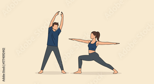 Vibrant couple practicing yoga together in a serene, minimalist setting embracing wellness and mindful movement