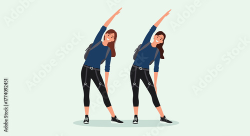 Smiling woman in athletic wear performing side bends with backpack, showcasing fitness and active lifestyle for outdoor adventures