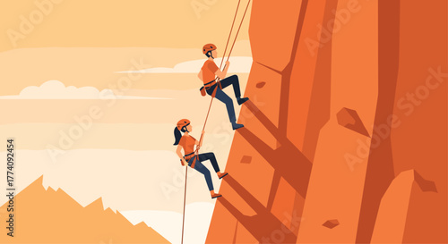 Dynamic duo conquers challenging rock face, embracing adventure and reaching new heights together