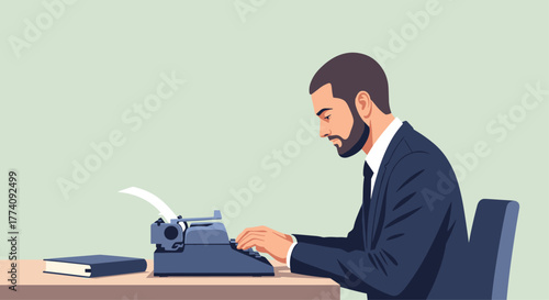 Focused businessman diligently typing on vintage typewriter in a calm office setting, a book nearby