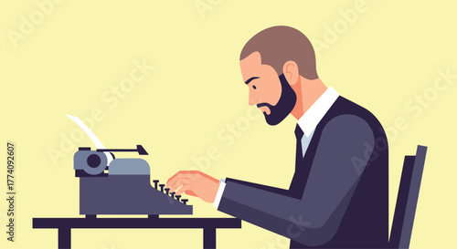 Focused writer crafts story on vintage typewriter, capturing timeless creativity and professional dedication in a bright, minimalist workspace