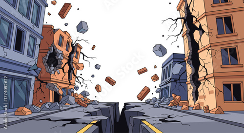 Devastated city street crumbles as buildings collapse during catastrophic earthquake disaster