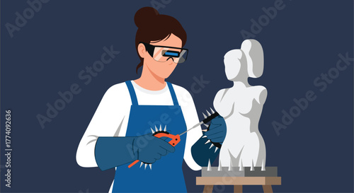 Dedicated artist meticulously carves a modern sculpture in a focused studio workspace, bringing vision to life