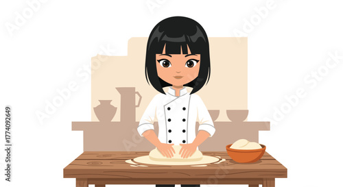Skilled chef expertly kneading dough on rustic wooden table preparing delicious baked goods in a cozy kitchen setting