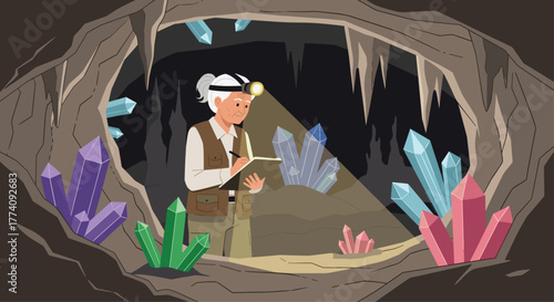 Experienced geologist meticulously records findings of vibrant crystals discovered deep within a mysterious cave system