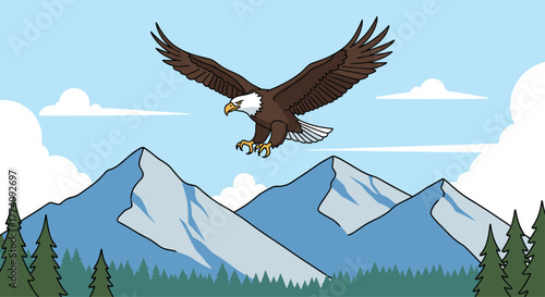 Majestic bald eagle soars powerfully above snow-capped mountains under a vast blue sky with fluffy clouds