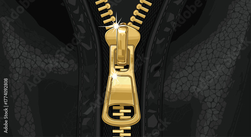 Luxurious golden zipper on textured black leather jacket, symbolizing fashion, style, and premium quality for modern apparel