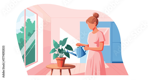 Woman gently watering potted plant in bright, cozy room, bringing life and calm to her modern home
