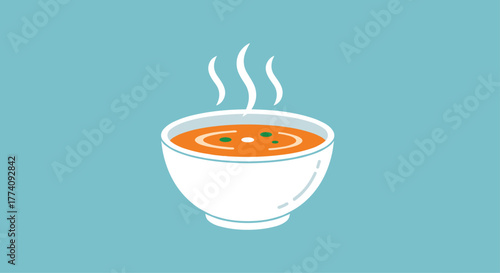 Warm, steaming bowl of delicious tomato soup with fresh green herbs, perfect for a cozy meal