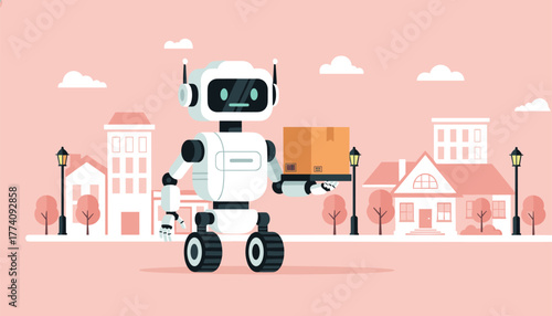 Smart robot delivering package in a charming, stylized city neighborhood scene with houses and streetlights