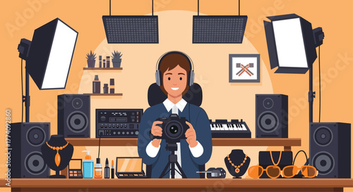 Creative content creator with camera and studio gear producing professional videos and product showcases for online audiences