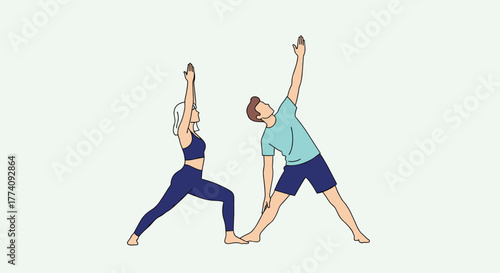 Energized couple practicing dynamic yoga poses together for wellness and balance in a serene setting