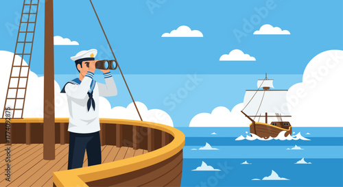 Distant horizon beckons as a determined sailor scans the vast ocean from his ship's deck searching for new opportunities