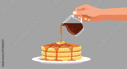 Pouring rich syrup over a delicious stack of golden pancakes with melting butter for a perfect breakfast treat