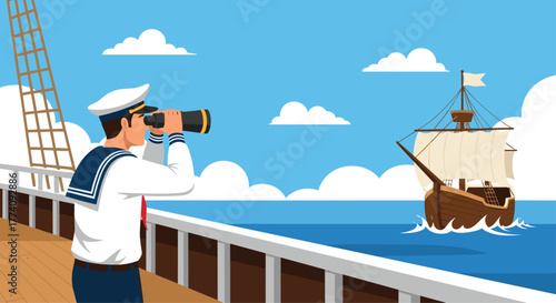 Determined sailor scans horizon from ship deck spotting distant vessel, embodying exploration and adventure at sea