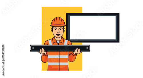Smiling construction worker in safety vest and hard hat holding a level tool near a blank screen for messaging