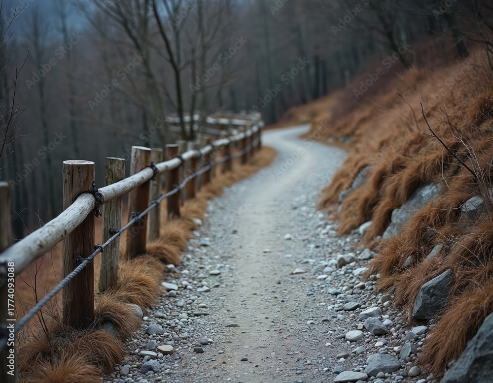 Obraz premium Winding dirt mountain path follows wooden rail fence through autumn forest. Rocky ground with dry grass leads up hillside. Bare trees line trail in hazy dim light.