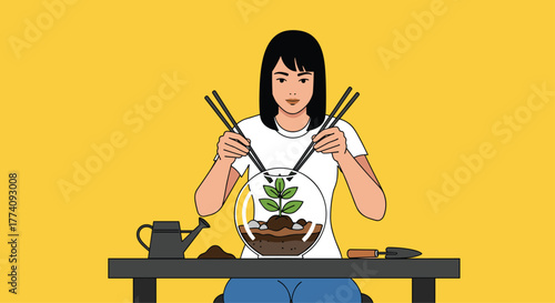 Creative woman carefully plants a green seedling in a glass terrarium crafting a miniature garden oasis with tools
