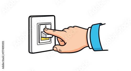 Hand flipping a light switch, symbolizing energy saving, turning on or off, and making decisions in a clean, modern style
