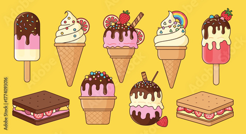 Vibrant collection of delicious ice cream cones, popsicles, and sandwiches bursting with colorful toppings perfect for summer fun