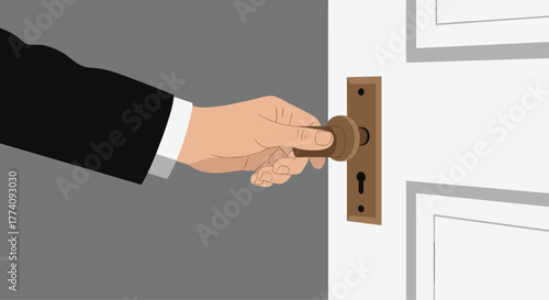 Confident professional in suit opens door to opportunity, stepping into a brighter future in business