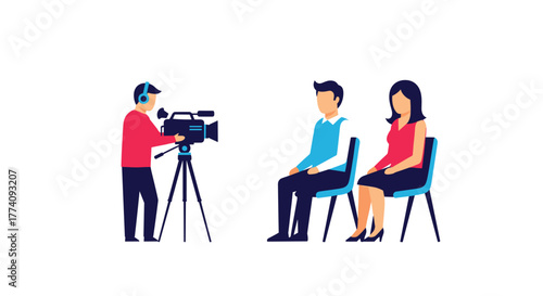 Professional videographer records interview with business professionals in bright modern studio setting