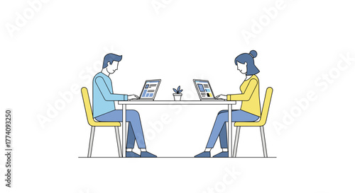 Two focused individuals collaborating on laptops at a modern table, symbolizing teamwork and productivity in a clean workspace