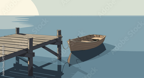 Serene wooden rowboat gently bobs beside a weathered dock on calm blue water, evoking peace and escape