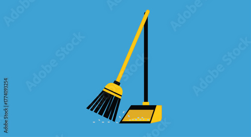 Bright yellow broom sweeps small white particles into a matching dustpan on a vibrant blue background