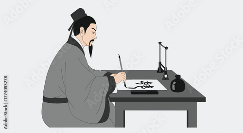 Asian scholar meticulously practices traditional calligraphy art with brush and ink on paper, creating elegant characters in a serene studio setting