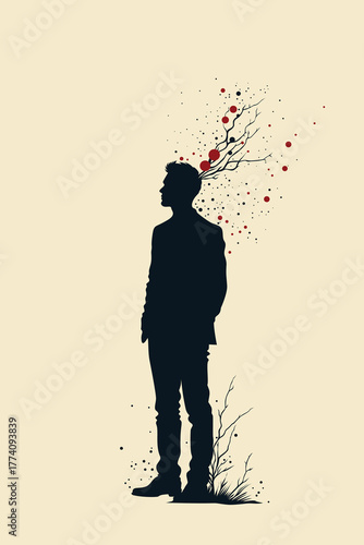 Abstract silhouette of a man with branches and red dots growing from his head, symbolizing trauma, overthinking, and emotional struggle in a modern conceptual art style.