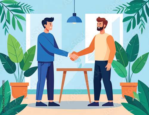 Two men shaking hands over a table in a modern setting