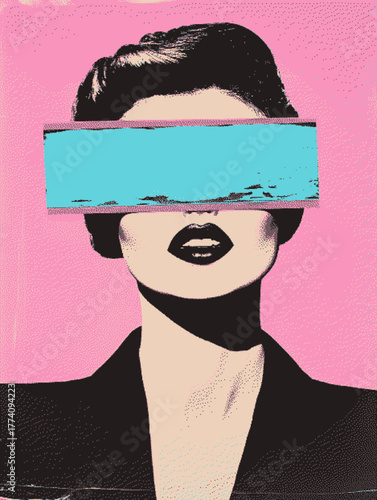 Abstract portrait of a woman with a surreal, minimalist aesthetic featuring a vibrant pink background.