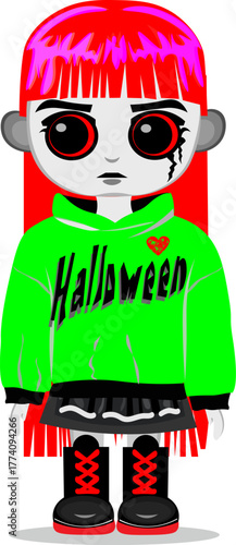 Eerie digital illustration of a doll with bright red hair, black bleeding eyes, wearing a vibrant neon green hoodie with the text "Halloween" across the chest. The style is perfect for Halloween or ho