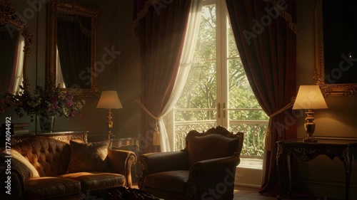 Elegant living room interior with sunlight and antique furniture