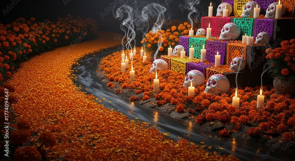 custom made wallpaper toronto digitalColorful Día de Muertos altar with marigold flowers and candles illuminating vibrant skull decorations. Día de Muertos celebration features elaborate offerings with papel picado and aromatic incense,