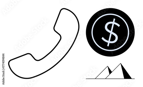 Phone receiver, coin with dollar sign, pyramid illustration. Ideal for communication, economy, globalization, travel, business heritage and history concepts. Minimal and simple flat metaphor