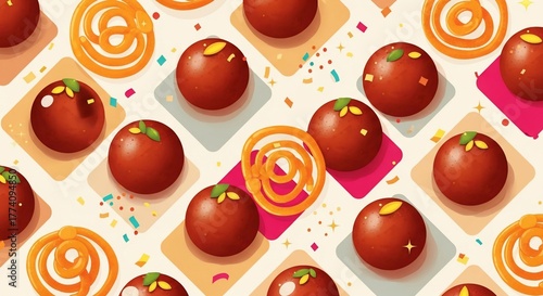 Colorful party sweets pattern featuring round candy balls and decorative swirls on vibrant background. Party sweets include chocolate-coated balls decorated with nuts and colorful sprinkles.