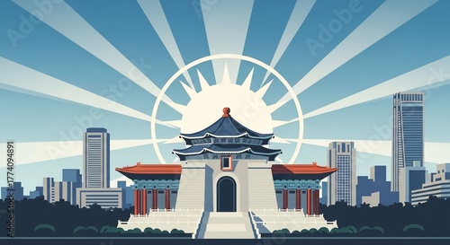 Modern cityscape with iconic landmark and radiant sunburst behind. City skyline features traditional architecture with urban elements in harmony, showcasing cultural significance and artistic styles.