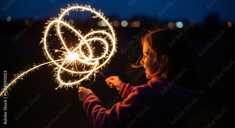 Fototapeta premium Caucasian girl drawing light trails with sparkler at night. Creative child playing with firework bokeh effect. Celebration concept for Holiday.