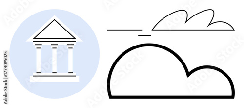 Classical building with columns paired with linear cloud symbolizing heritage, connectivity, and innovation. Ideal for finance, education, governance, architecture, cloud computing, heritage