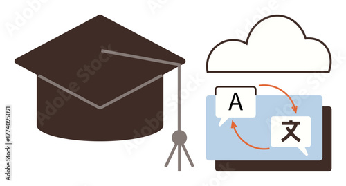 Graduation cap with speech bubbles for language translation and a cloud above a digital screen. Ideal for education, e-learning, language learning, translation, global communication, technology