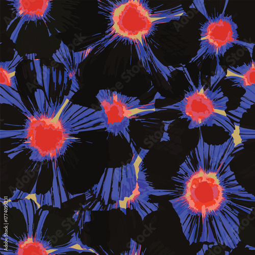 Abstract Macro Flowers Vector Art suitable for printing on surface textile, fabric texture all over prints, multi colors, seamless pattern, big scale flowers elements 