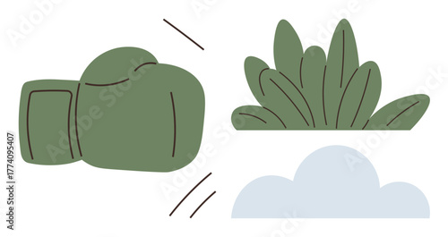 Green boxing glove lunges through leaves and cloud, suggesting strength, resilience, and overcoming challenges. Ideal for energy, determination, conflict, nature, perseverance success simple flat