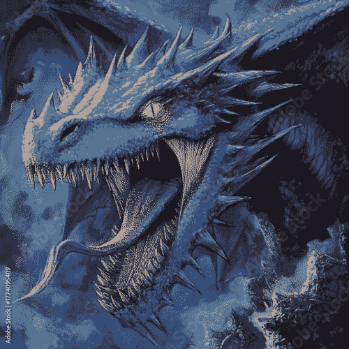 A fierce dragon portrait with intricate scales and dynamic expression in a dark blue palette